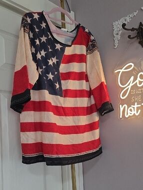 Patriotic  American Flag Tee - Red, White & Blue 4th Of JULY XL
